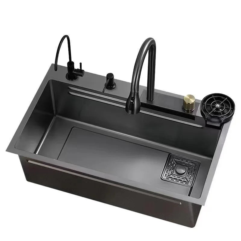 Premium Stainless Steel Kitchen Sink with Waterfall Faucet - Large Single Basin